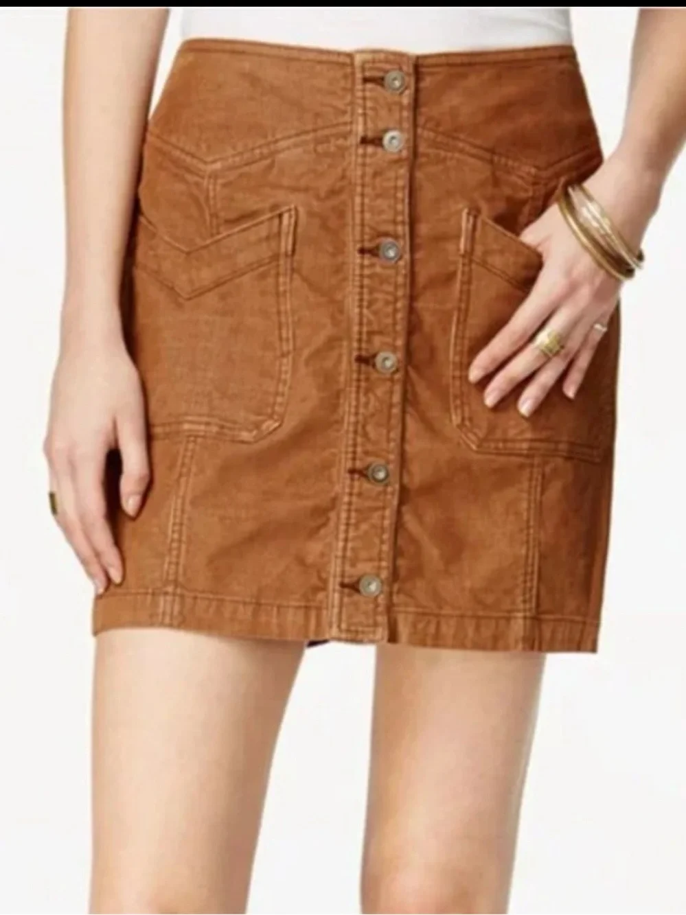 Free People Come A Little Closer Corduroy Button Front Mini Skirt W2 brown